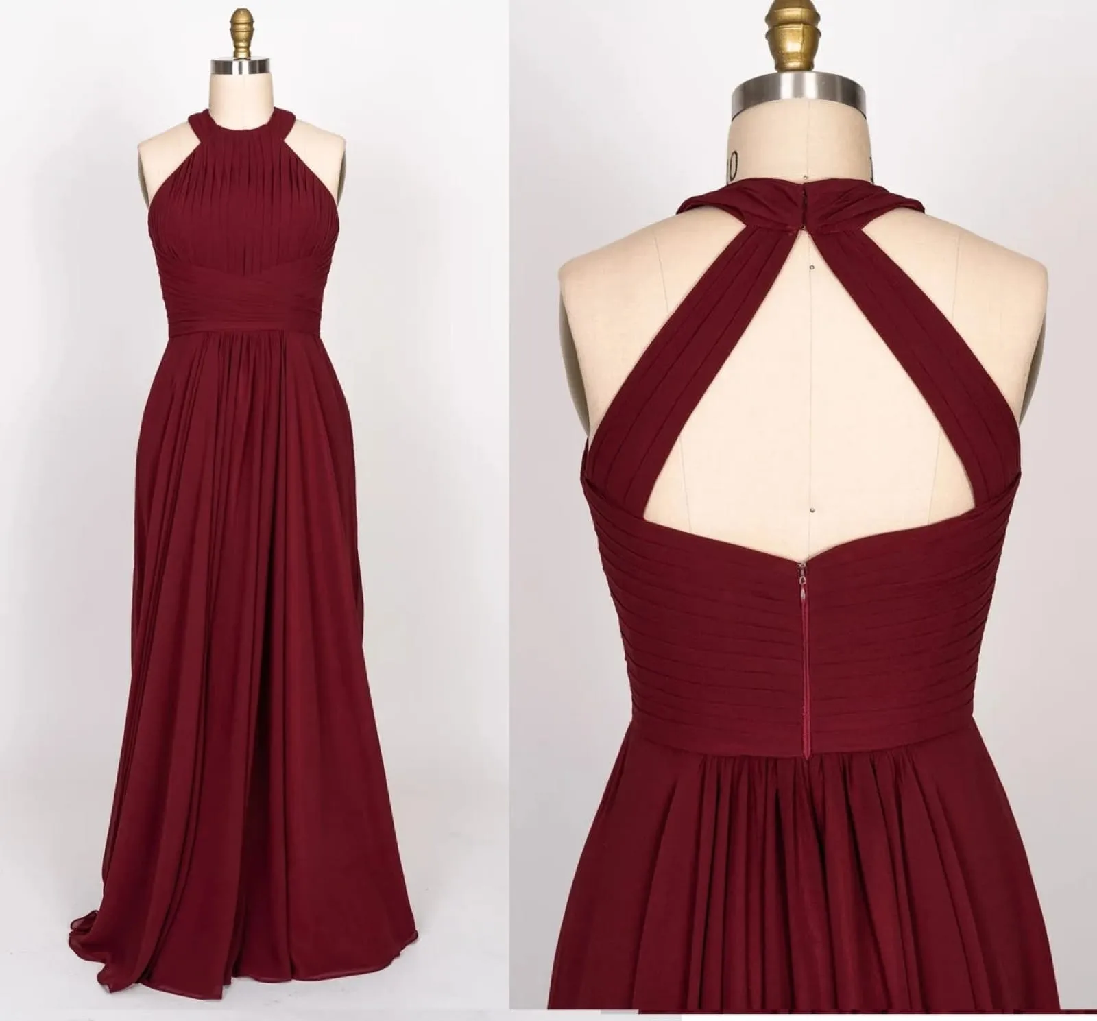 A-line High Halter Keyhole Burgundy Chiffon Long Bridesmaid dress
