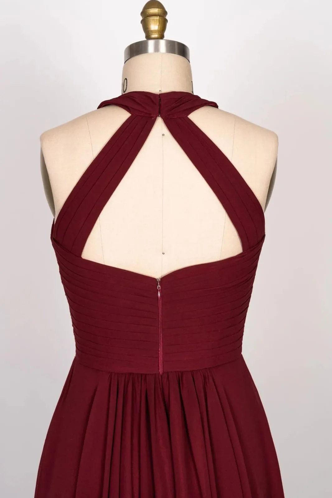 A-line High Halter Keyhole Burgundy Chiffon Long Bridesmaid dress