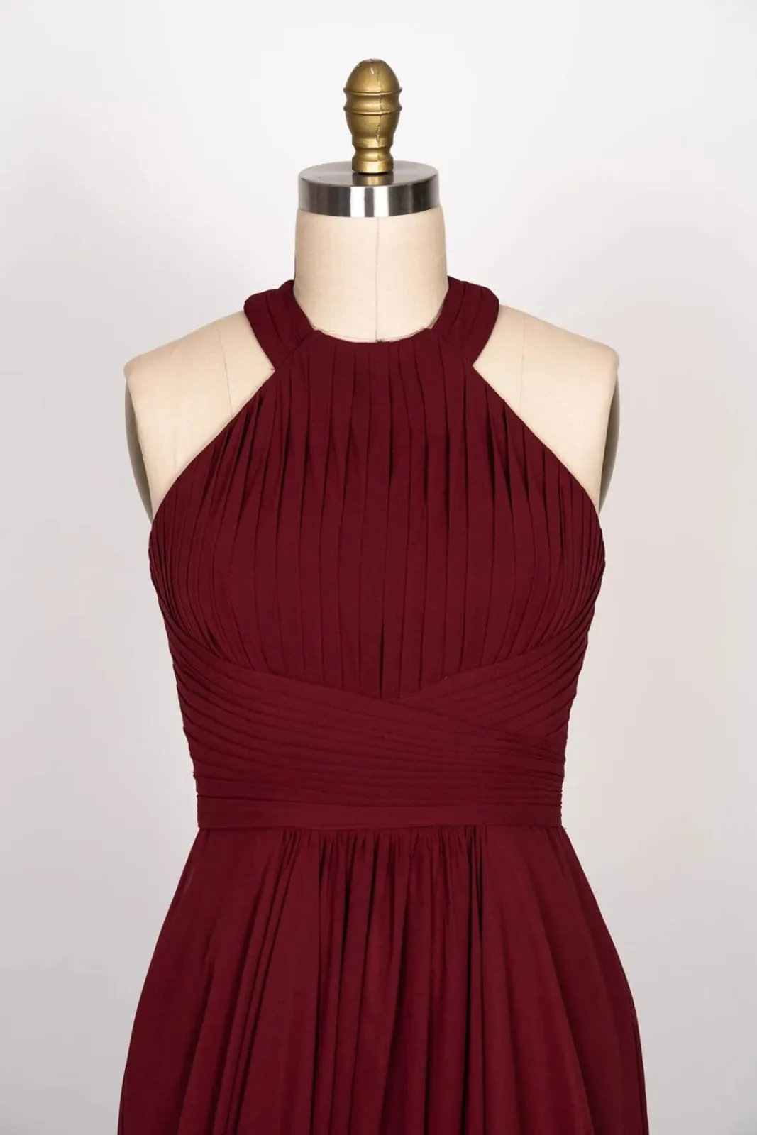 A-line High Halter Keyhole Burgundy Chiffon Long Bridesmaid dress