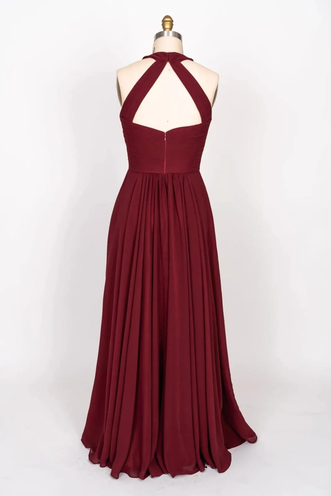 A-line High Halter Keyhole Burgundy Chiffon Long Bridesmaid dress