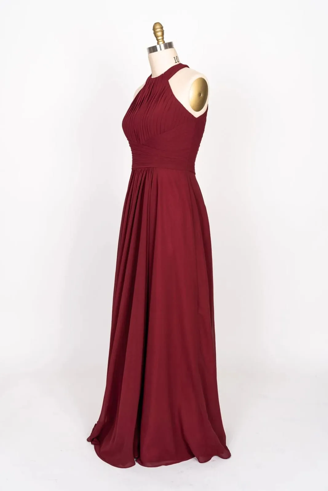 A-line High Halter Keyhole Burgundy Chiffon Long Bridesmaid dress