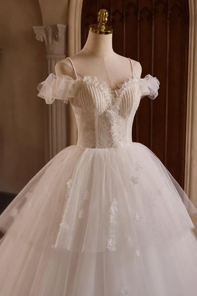 A Line Prom Dress Sweetheart Neck Tulle Lace Light Champagne Long Evening Dress