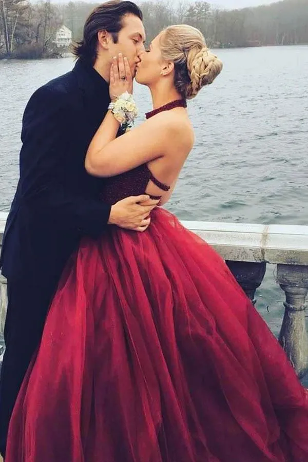 A-Line Round Neck Floor-Length Burgundy Tulle Prom Dress with Beading PG490