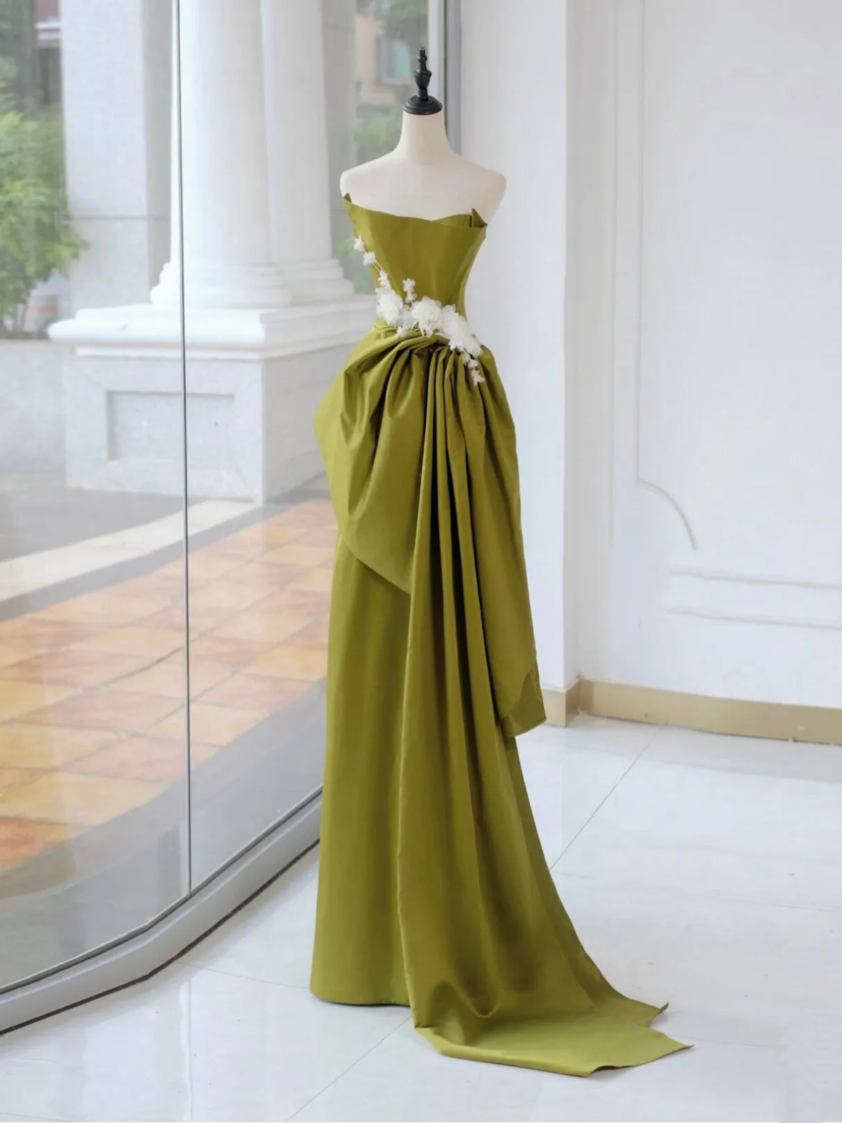 A-Line Satin Flower Green Long Prom Dress, Green Long Evening Dress