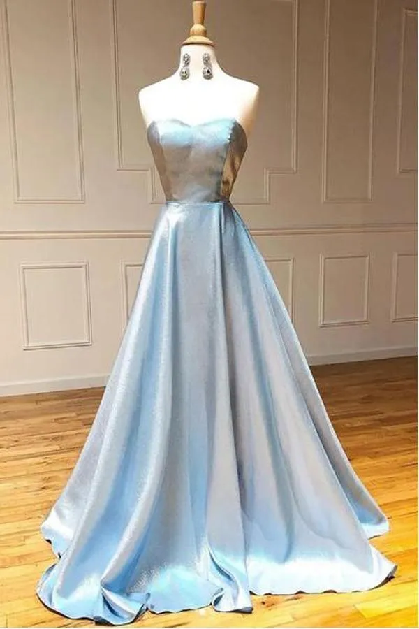 A Line  Simple Light Blue Satin Strapless Long Prom/Formal Dress TP0931