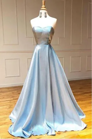 A Line  Simple Light Blue Satin Strapless Long Prom/Formal Dress TP0931