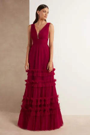 A-line Tulle Burgundy Prom Dresses with Ruffled Skirt