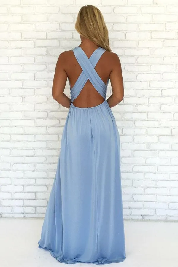 A-Line V-Neck Criss-Cross Back Light Blue Chiffon Prom Dress with Split TP0938