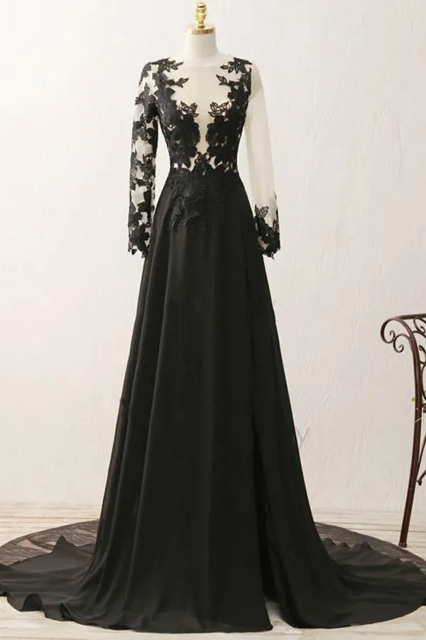 A-line V-neck Long Sleeves Appliques Black Evening Gowns Prom Dresses PG320