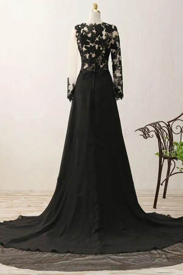 A-line V-neck Long Sleeves Appliques Black Evening Gowns Prom Dresses PG320