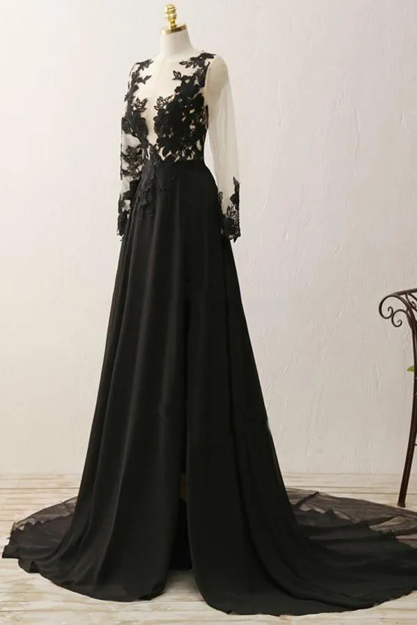 A-line V-neck Long Sleeves Appliques Black Evening Gowns Prom Dresses PG320
