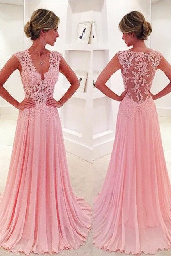 A-line V-neck Sweep Train Pink Chiffon Prom Dress With Lace TP0098