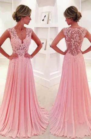A-line V-neck Sweep Train Pink Chiffon Prom Dress With Lace TP0098