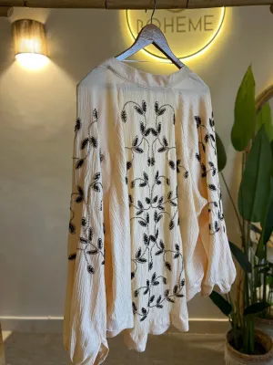 Almond X Black Leaves Embroidered Kimono