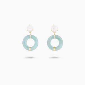 Amare Wear Petite Oriental Inspired Freshwater Pearl and Aquamarine Dangle Earrings