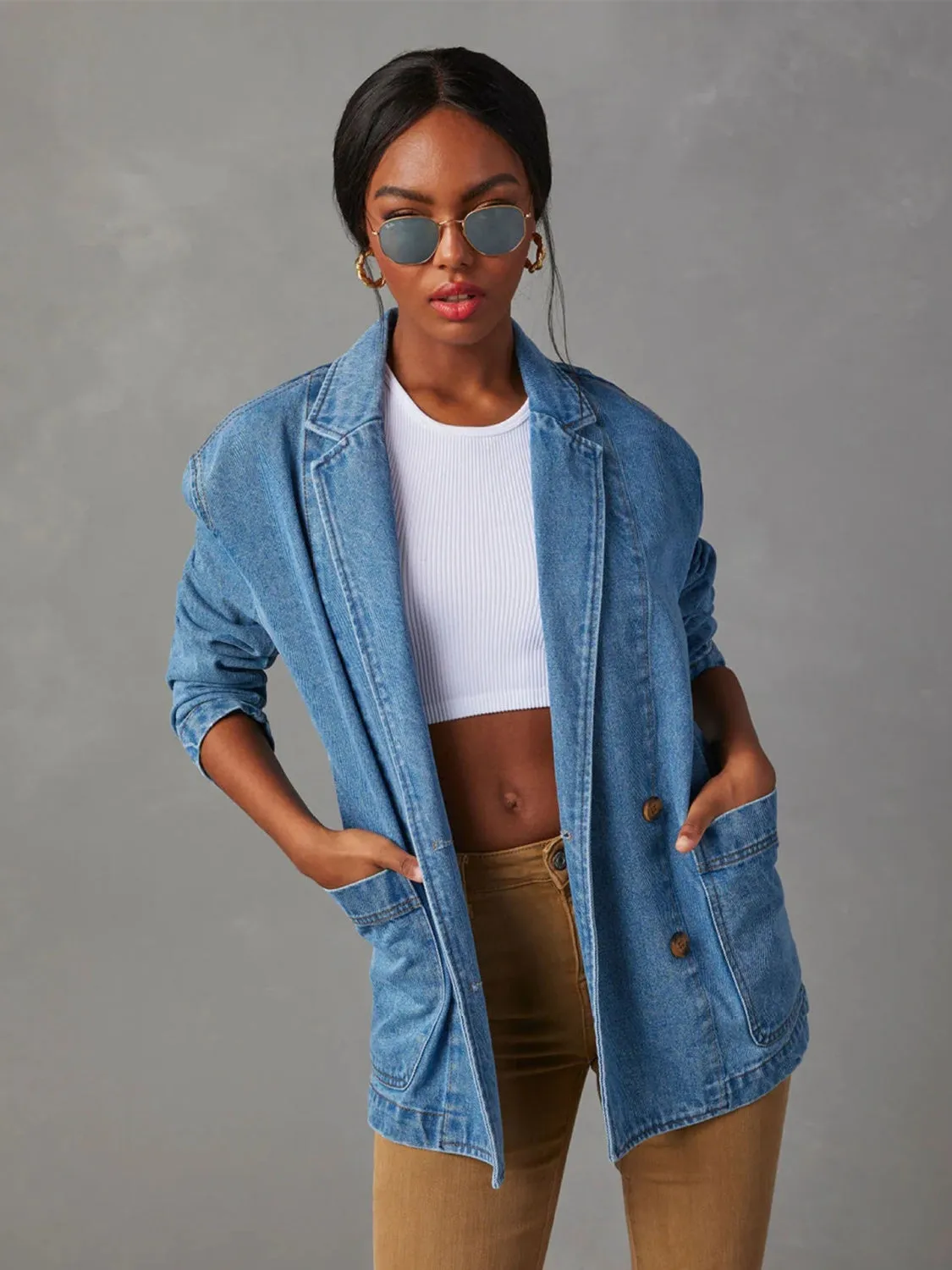 Anna Collared Neck Long Sleeve Denim Jacket