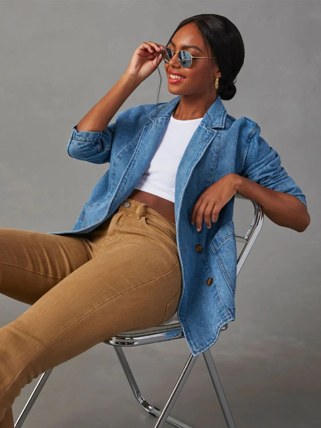 Anna Collared Neck Long Sleeve Denim Jacket