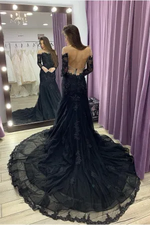 Appliques Tulle Navy Prom Dresses with Long Sleeves