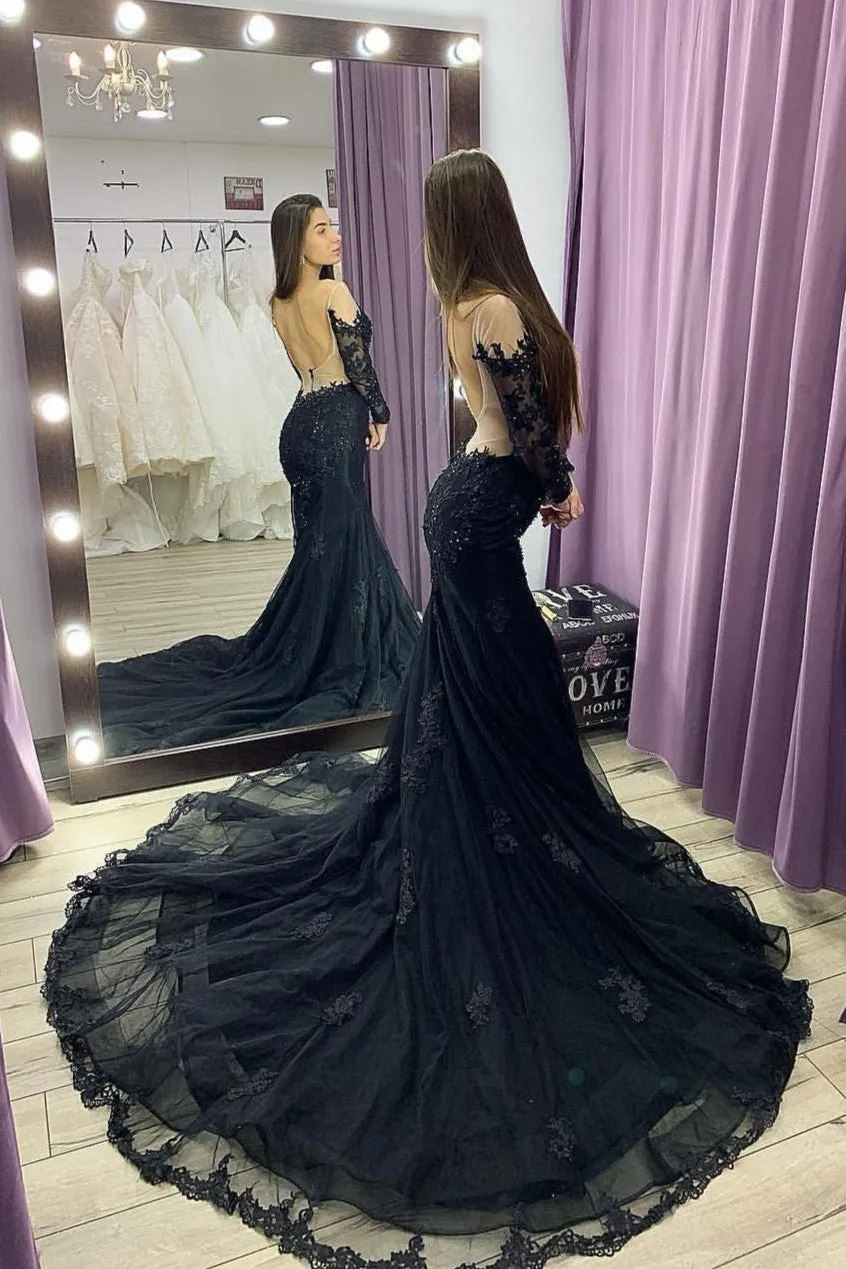 Appliques Tulle Navy Prom Dresses with Long Sleeves