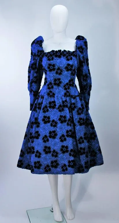 ARNOLD SCAASI Blue Dress, Floral Pattern Size 10-12