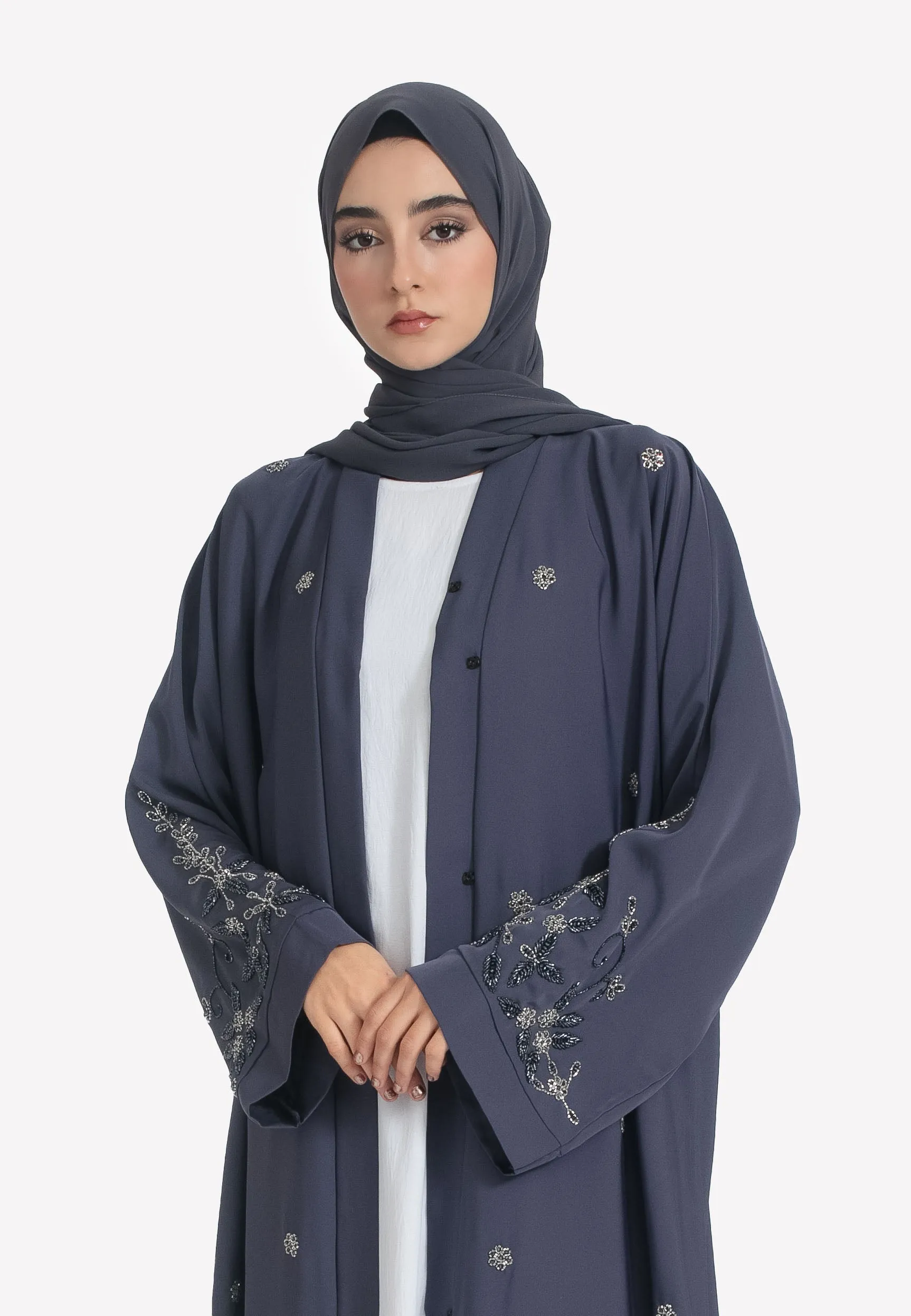 Ash Grey Embellished Open Abaya