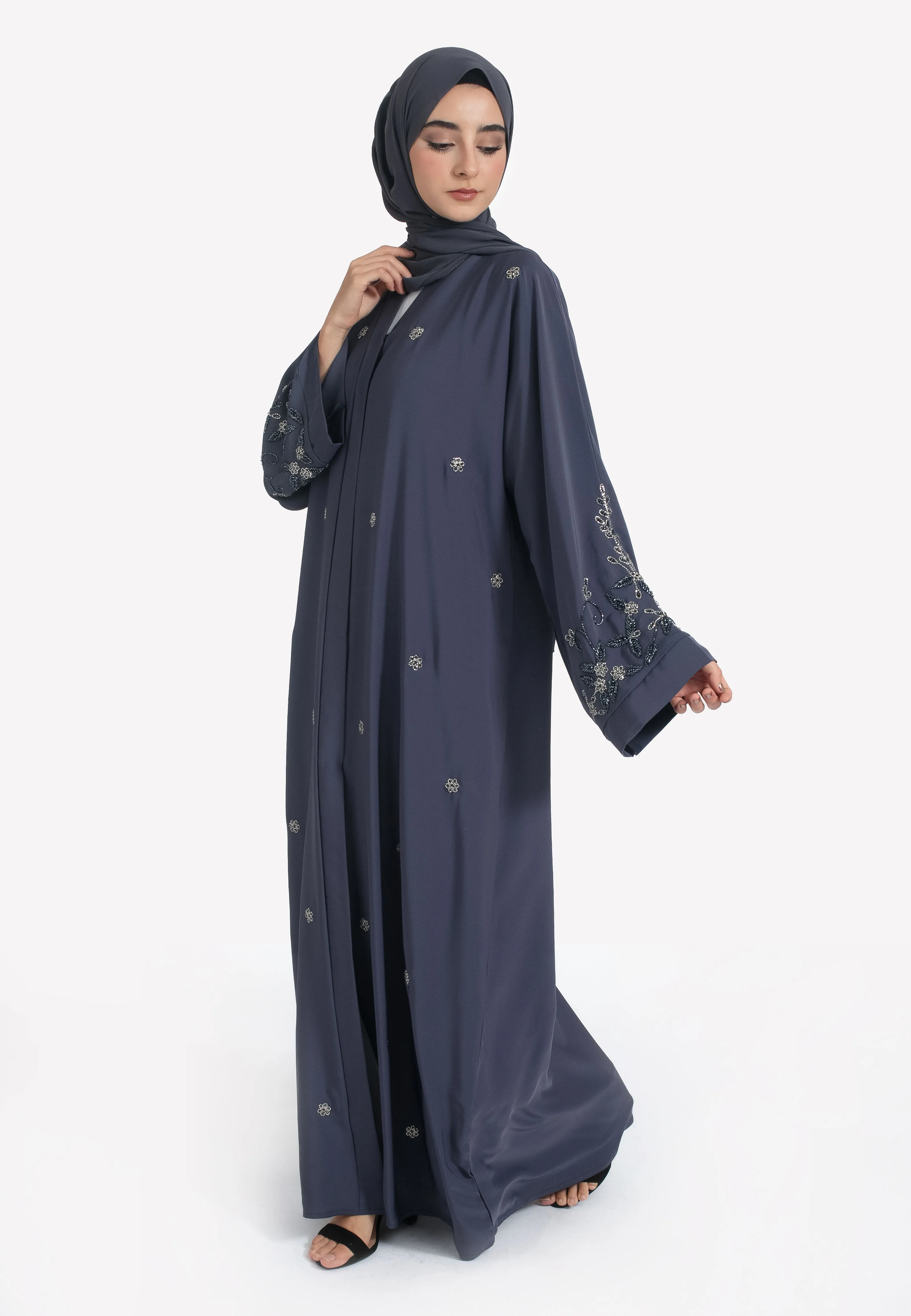 Ash Grey Embellished Open Abaya