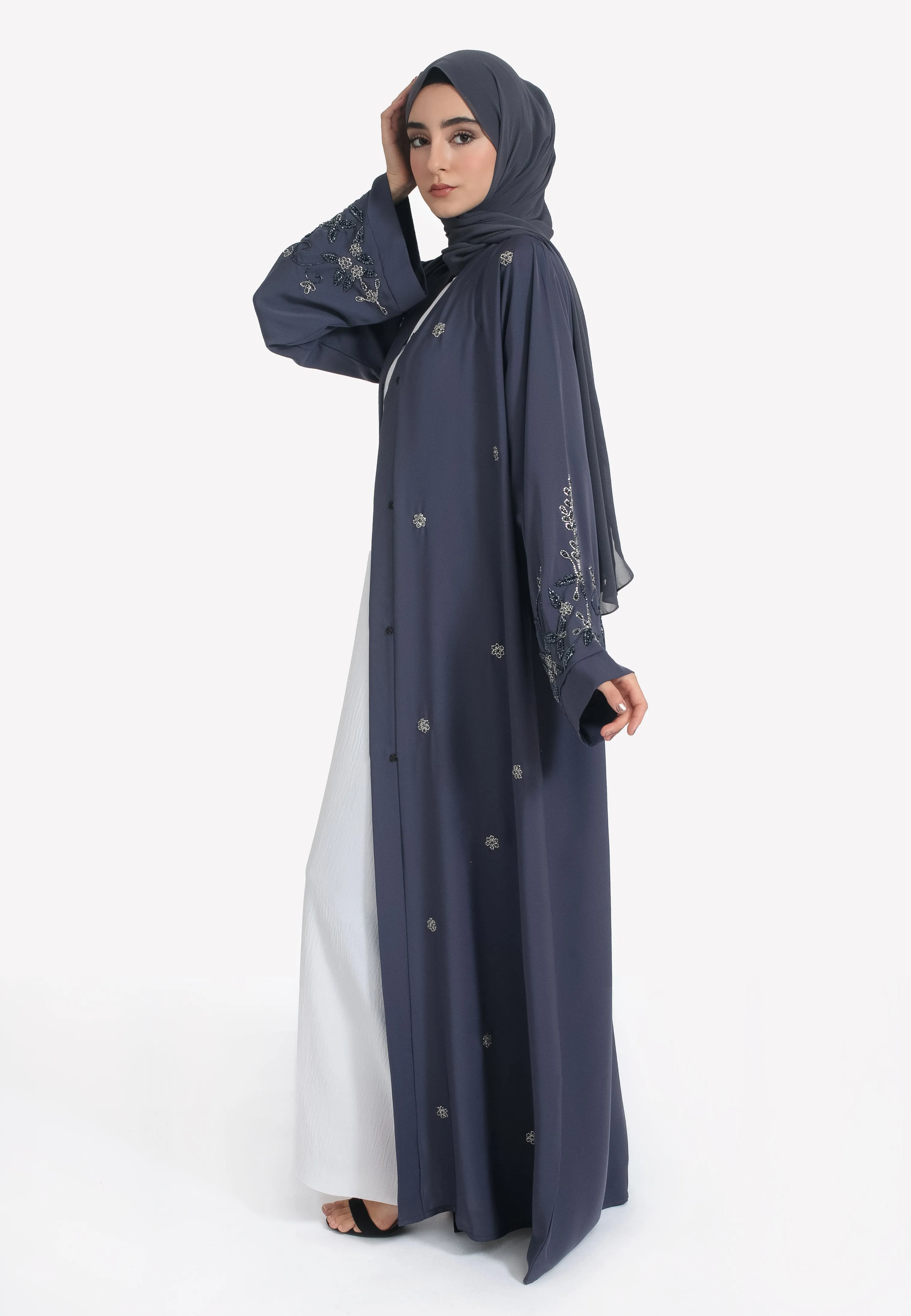 Ash Grey Embellished Open Abaya