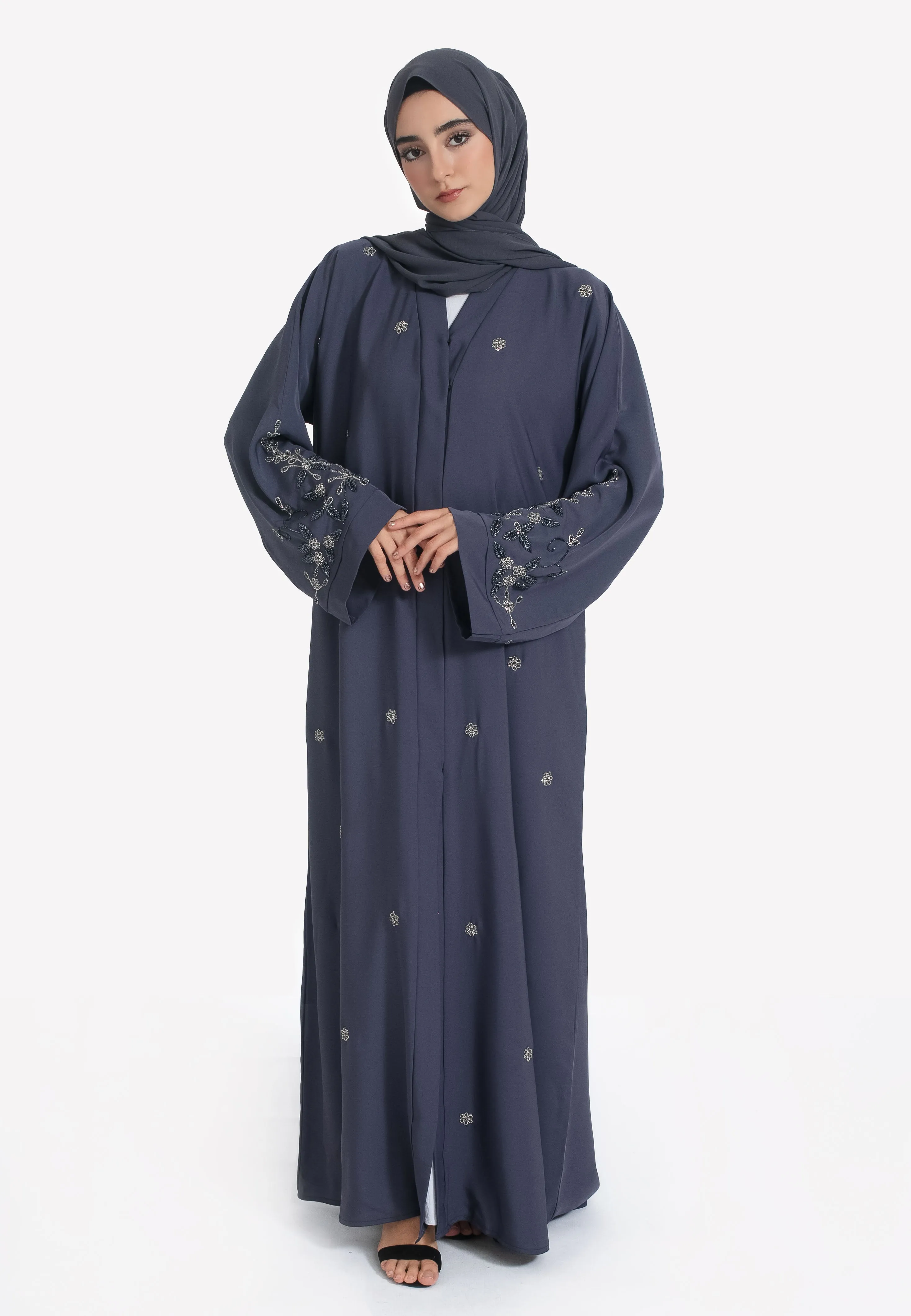 Ash Grey Embellished Open Abaya