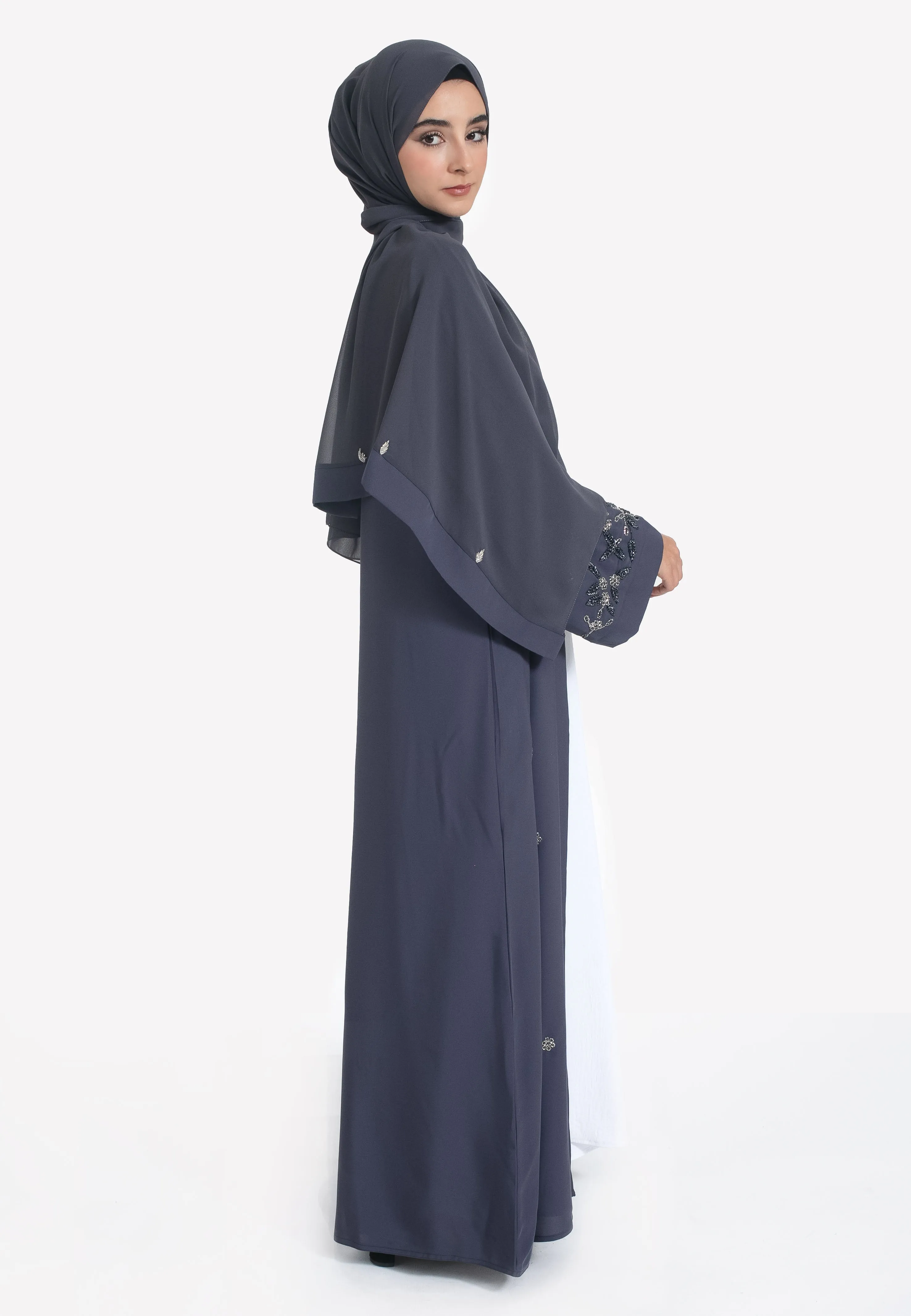 Ash Grey Embellished Open Abaya