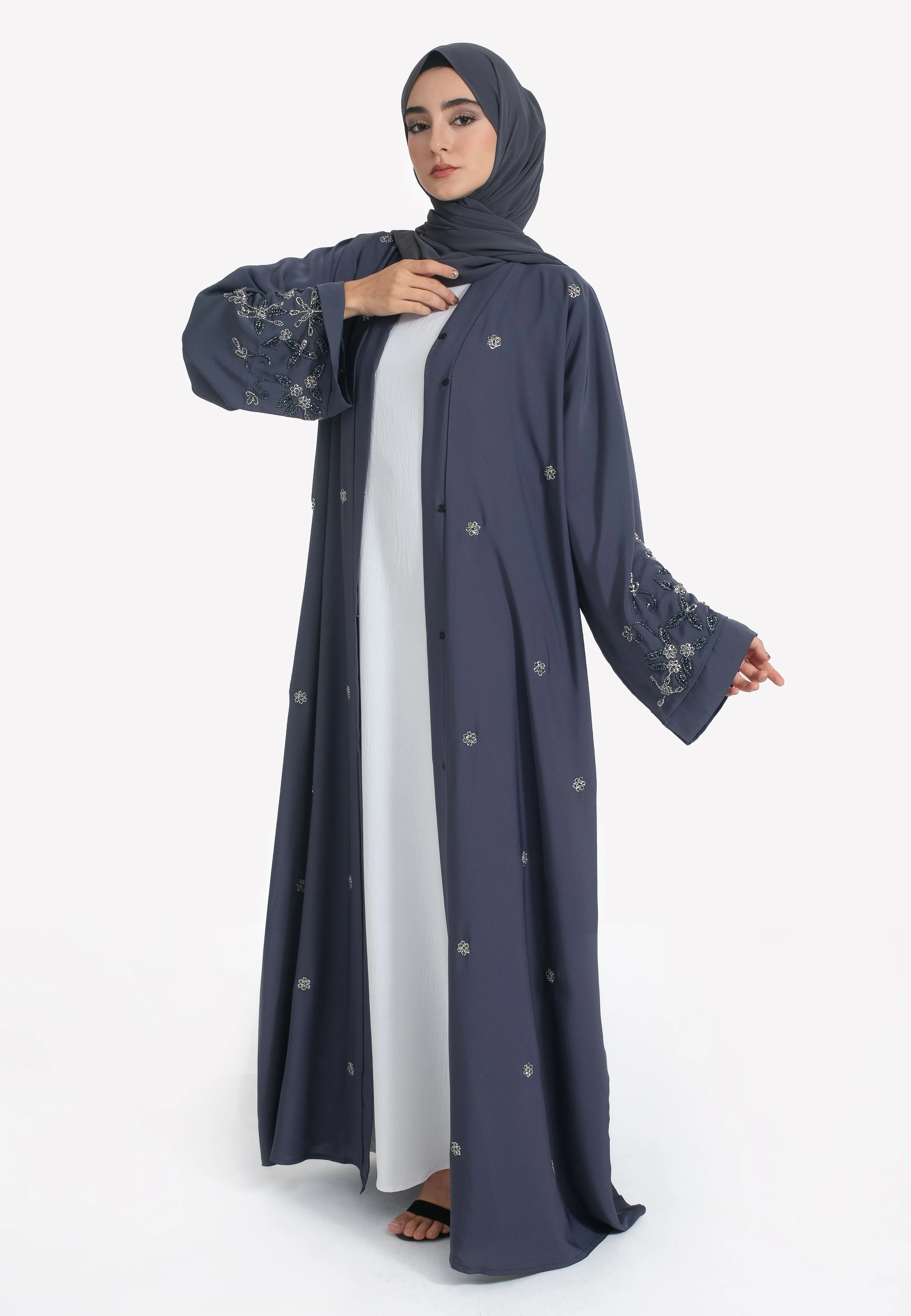 Ash Grey Embellished Open Abaya