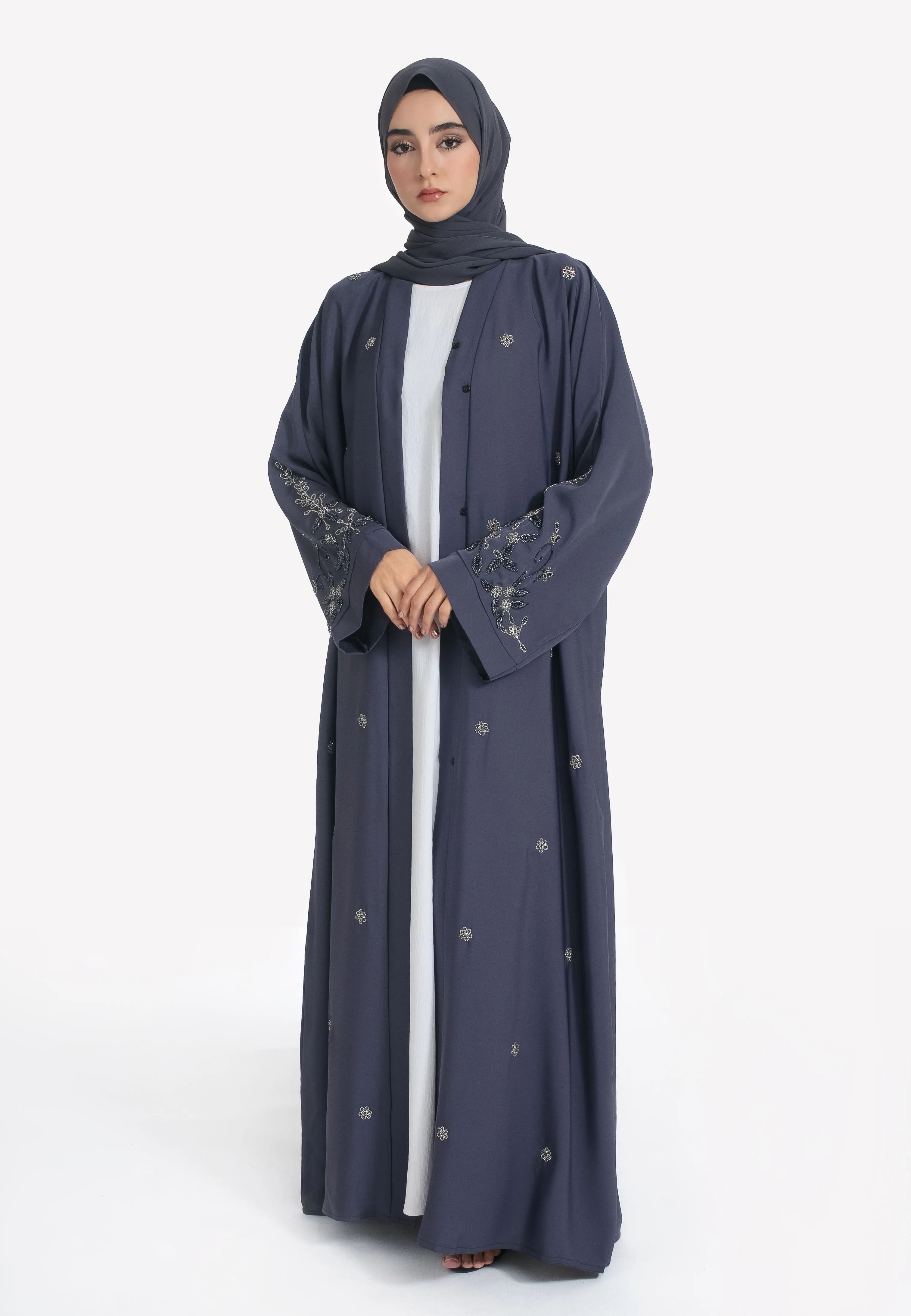 Ash Grey Embellished Open Abaya