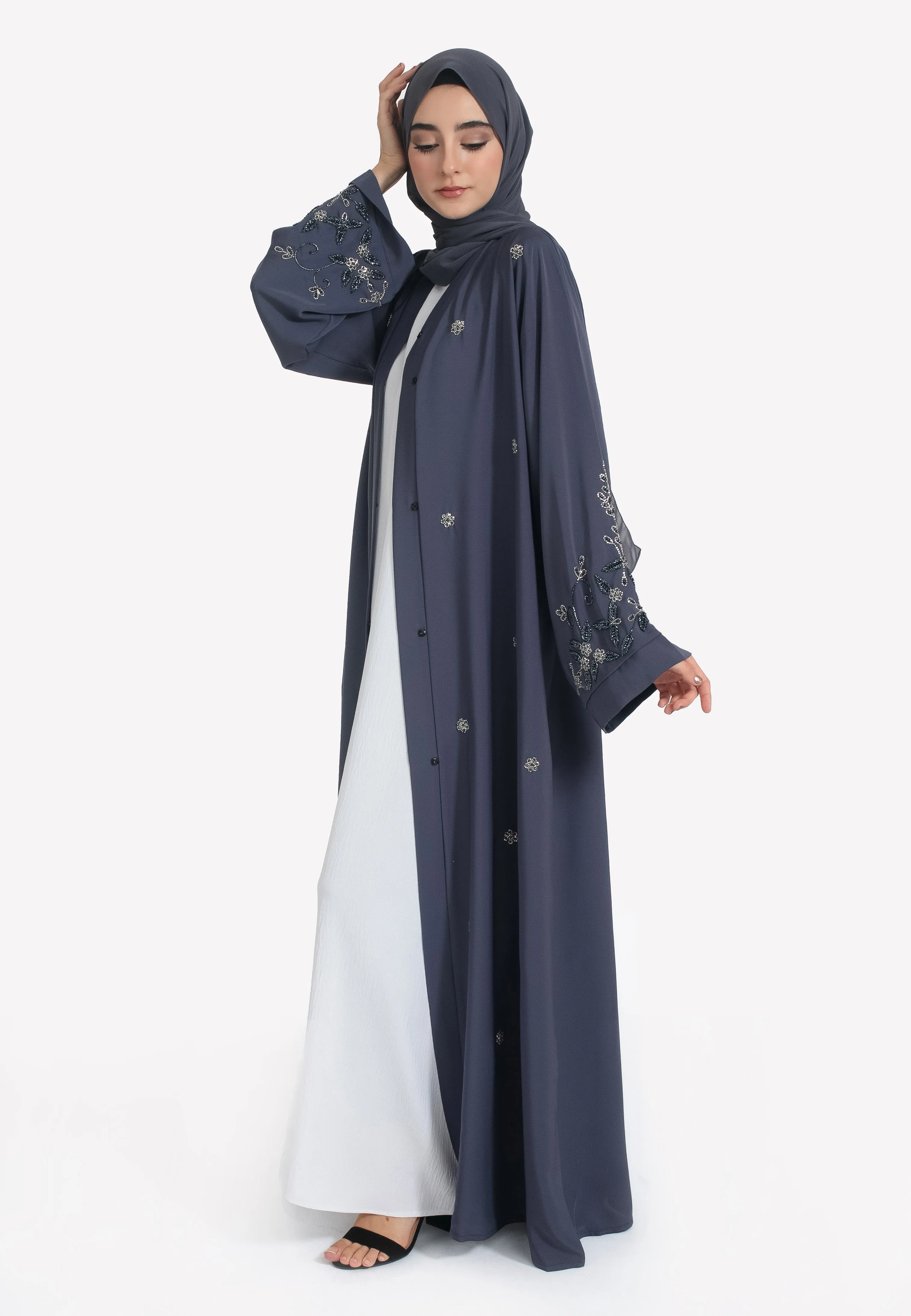 Ash Grey Embellished Open Abaya