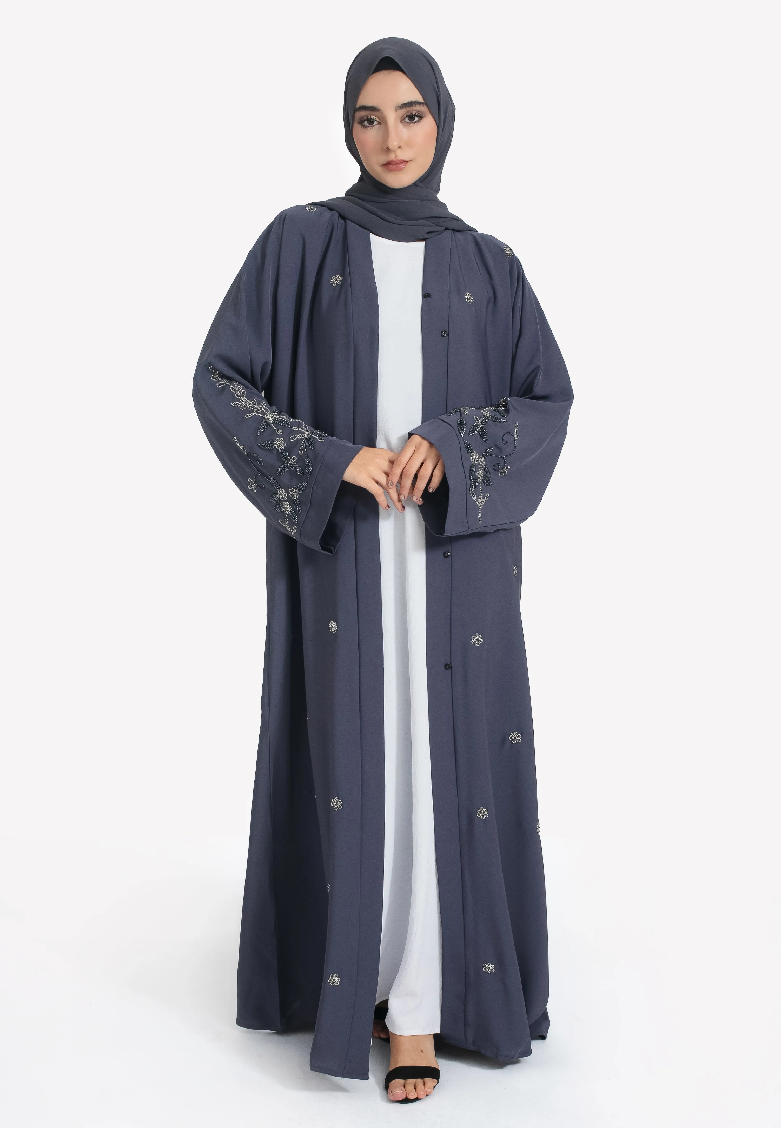 Ash Grey Embellished Open Abaya
