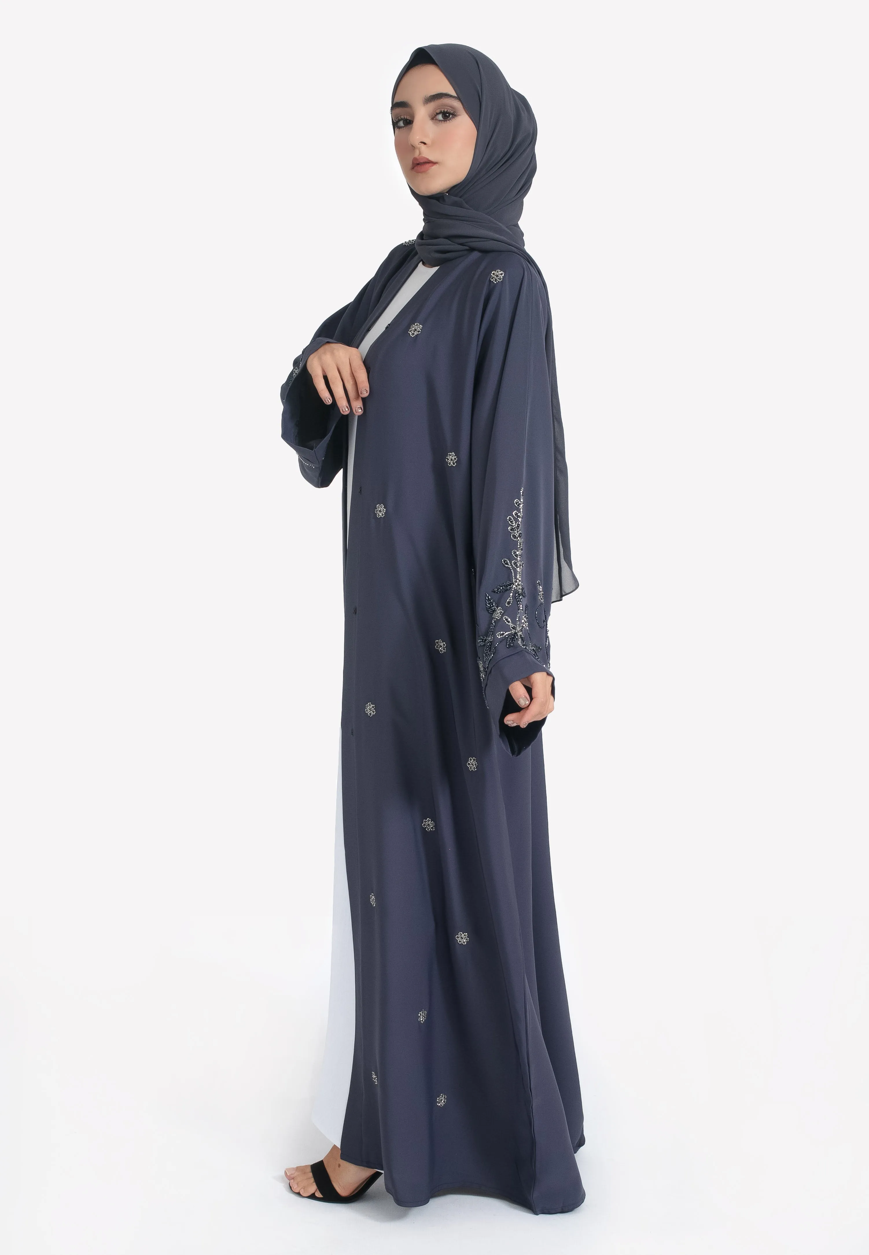 Ash Grey Embellished Open Abaya