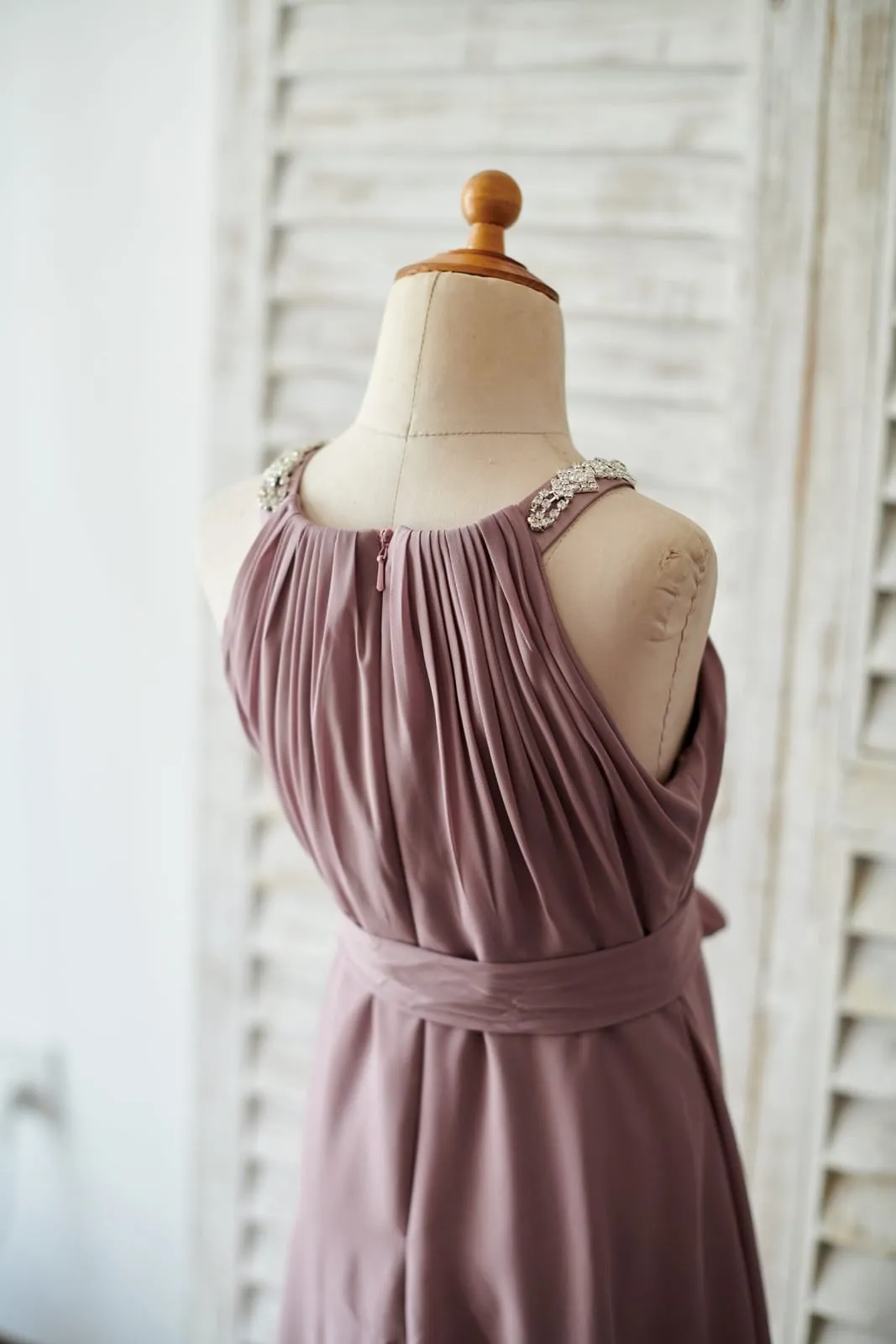Beaded Mauve Chiffon Floor Length Wedding Junior Bridesmaid Dress