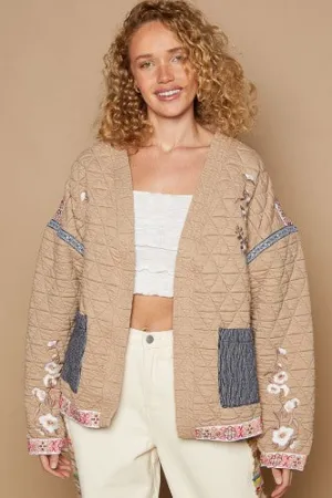 Beige Embroidered Quilted Jacket with Contrast Pockets