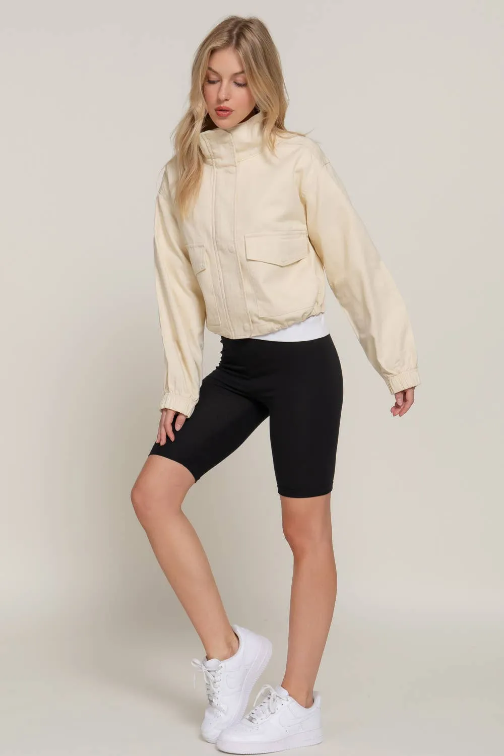 Beige Long Sleeve High Neck Zip Up Short Twill Jacket