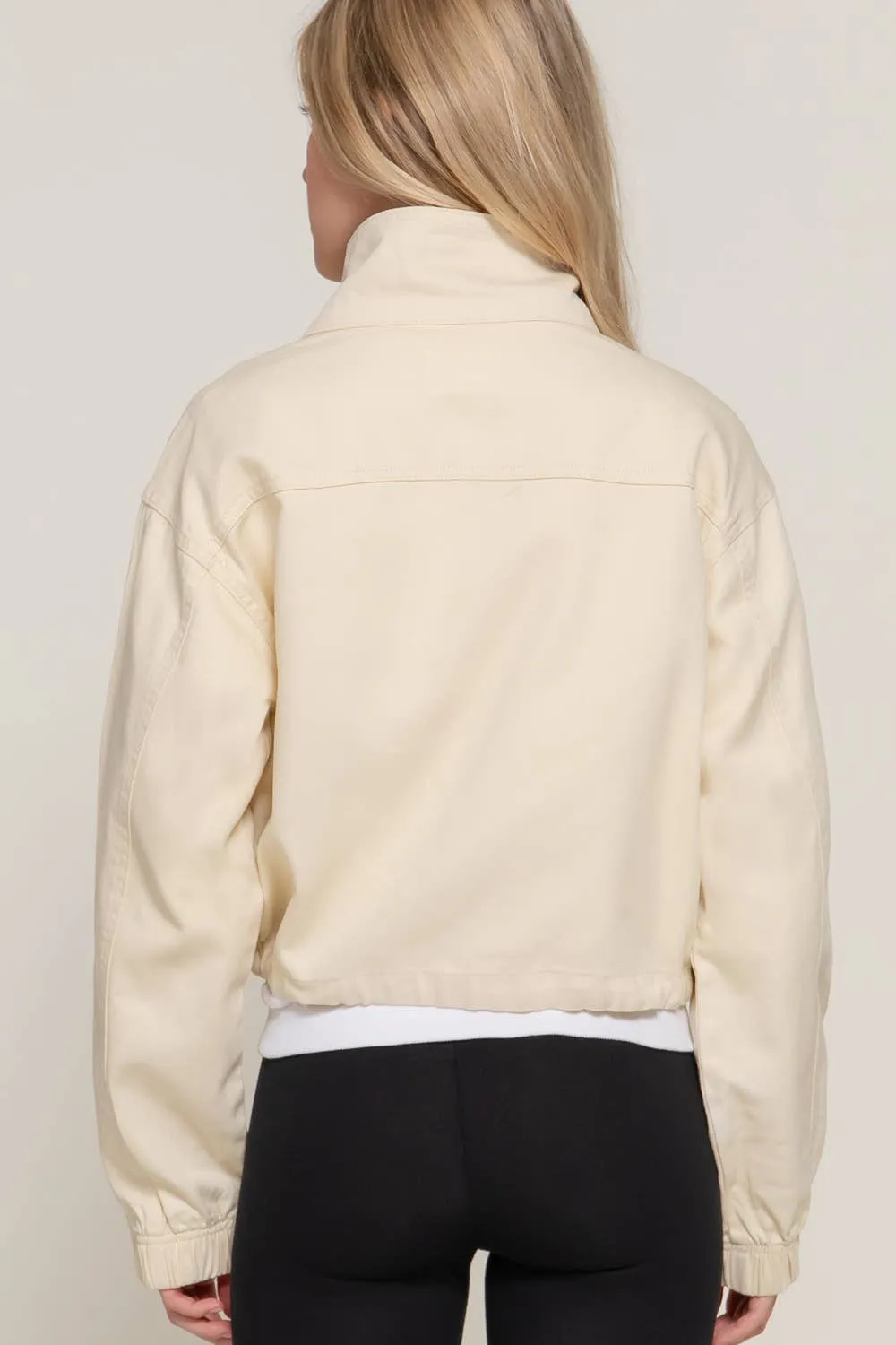 Beige Long Sleeve High Neck Zip Up Short Twill Jacket