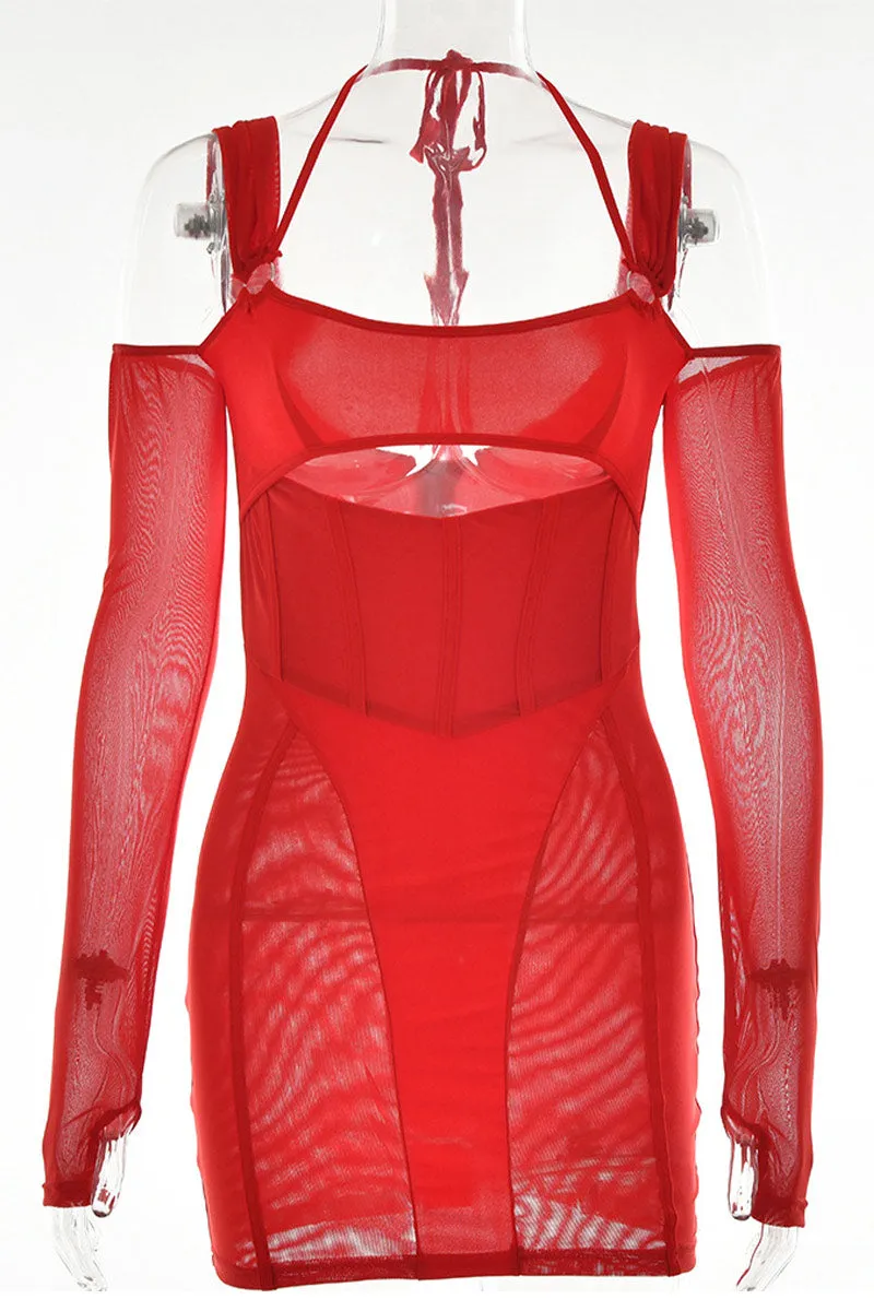 BI904 Halter Long Arm Sleeve Mini Dress