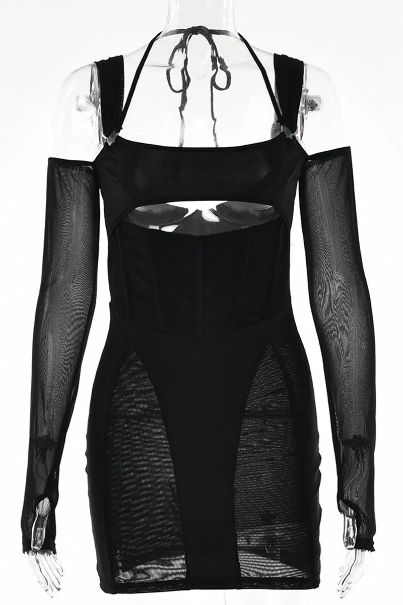 BI904 Halter Long Arm Sleeve Mini Dress