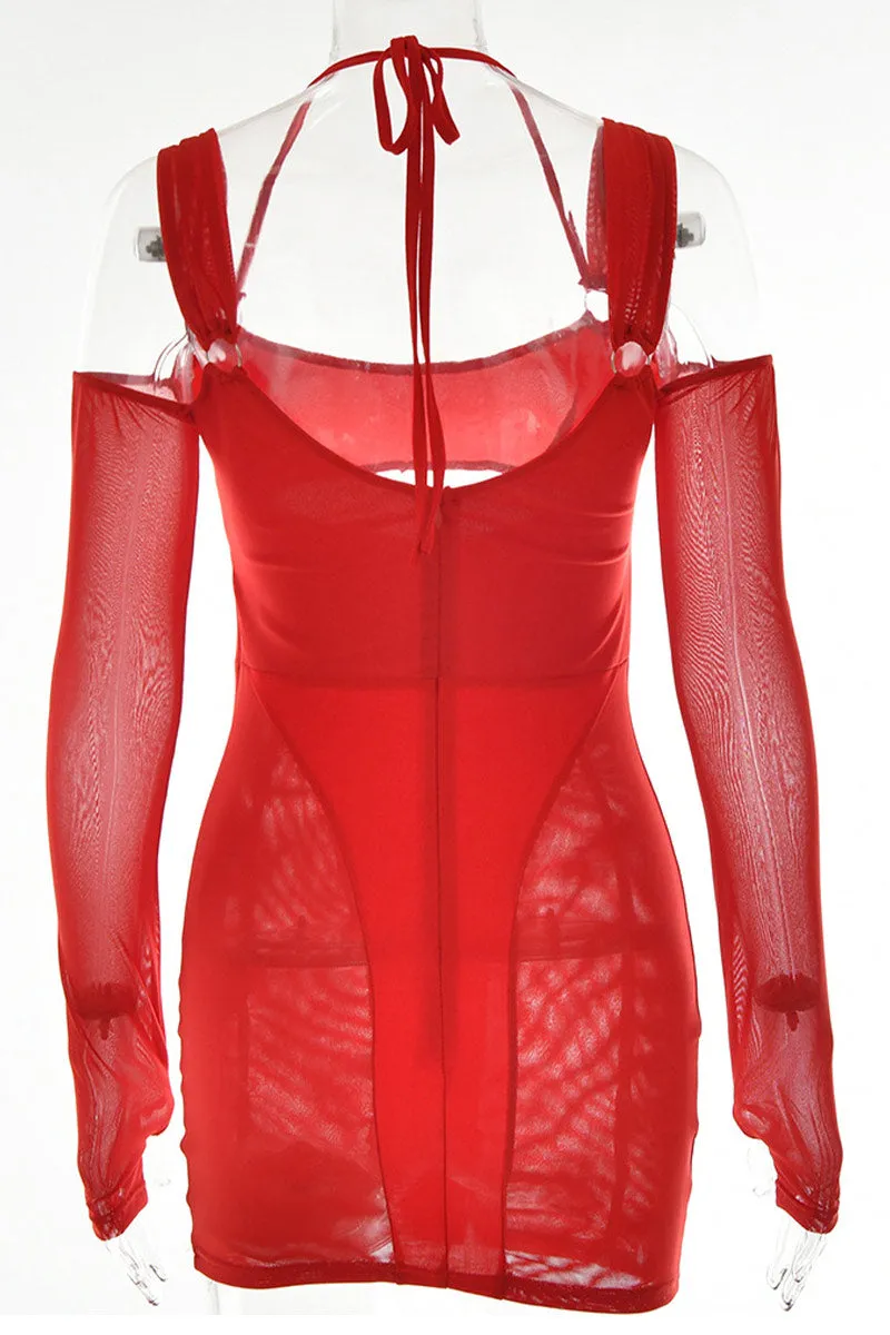 BI904 Halter Long Arm Sleeve Mini Dress