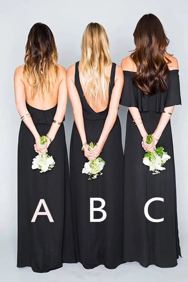 Black Chiffon A-line Mismatched Floor Length Bridesmaid Dresses, MBD251