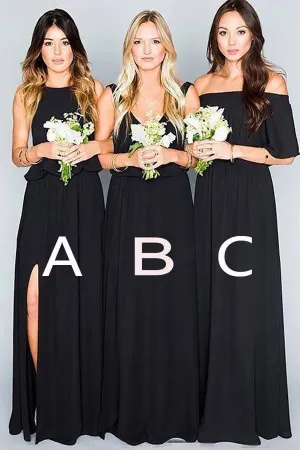 Black Chiffon A-line Mismatched Floor Length Bridesmaid Dresses, MBD251