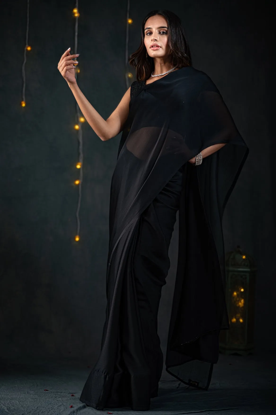 Black Chiffon Saree with Embroidered Blouse Fabric