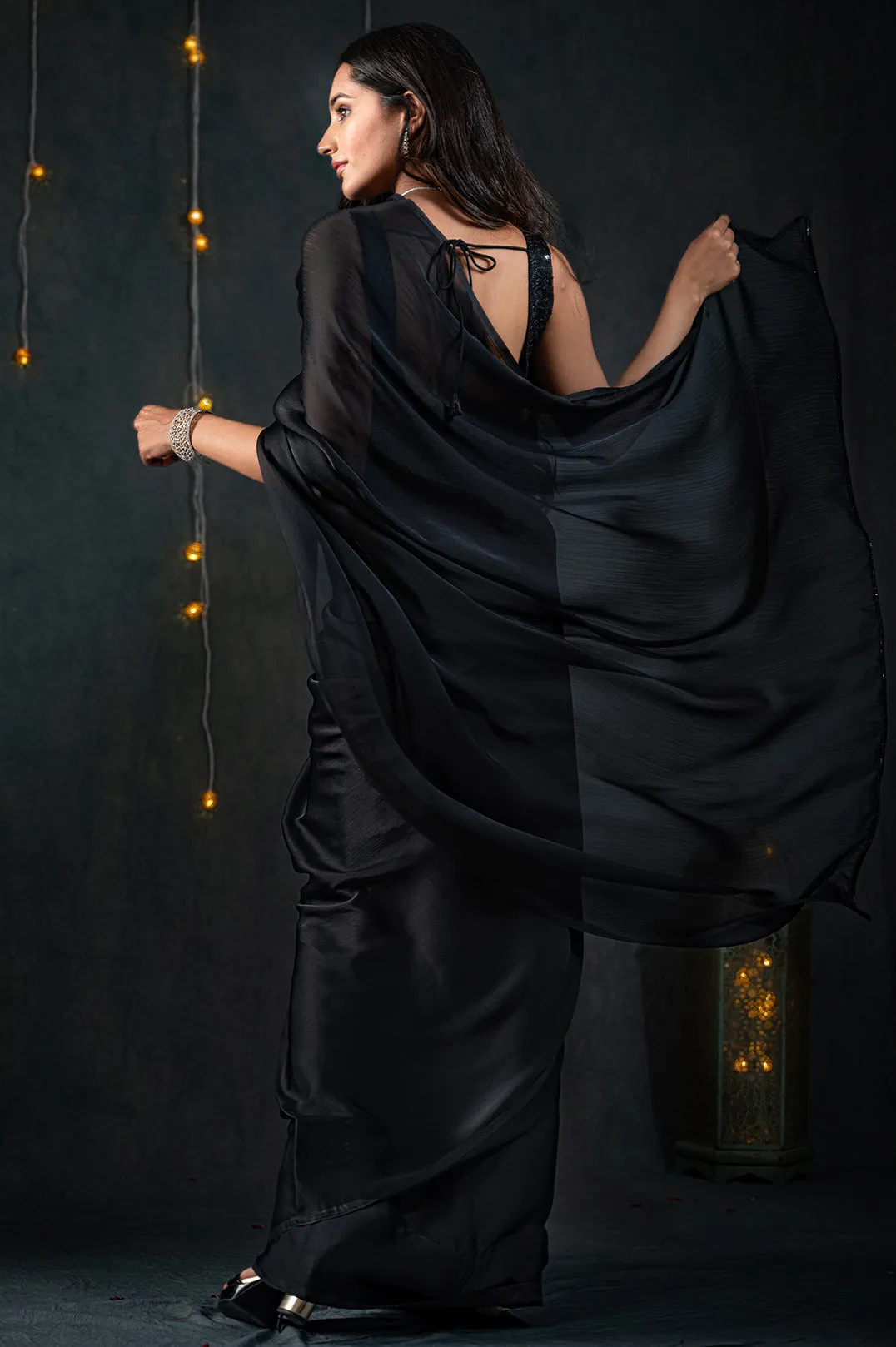 Black Chiffon Saree with Embroidered Blouse Fabric