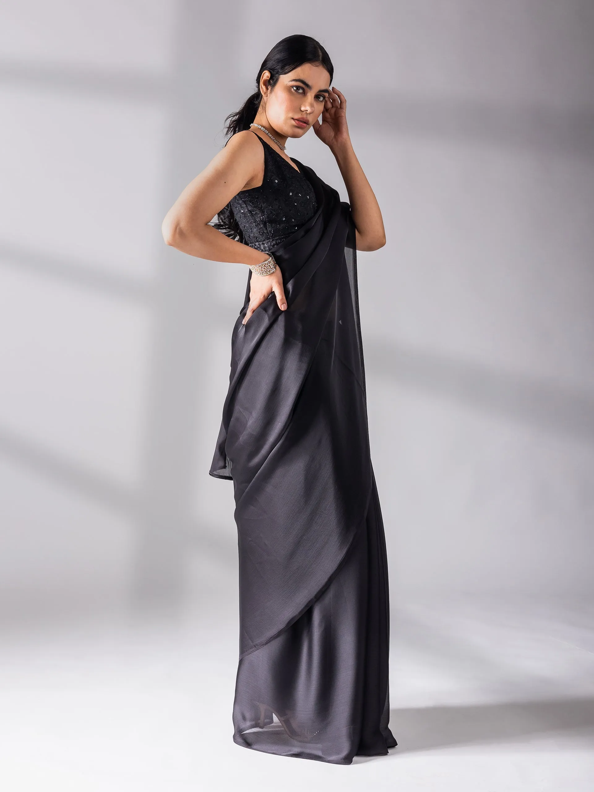 Black Chiffon Saree with Embroidered Blouse Fabric