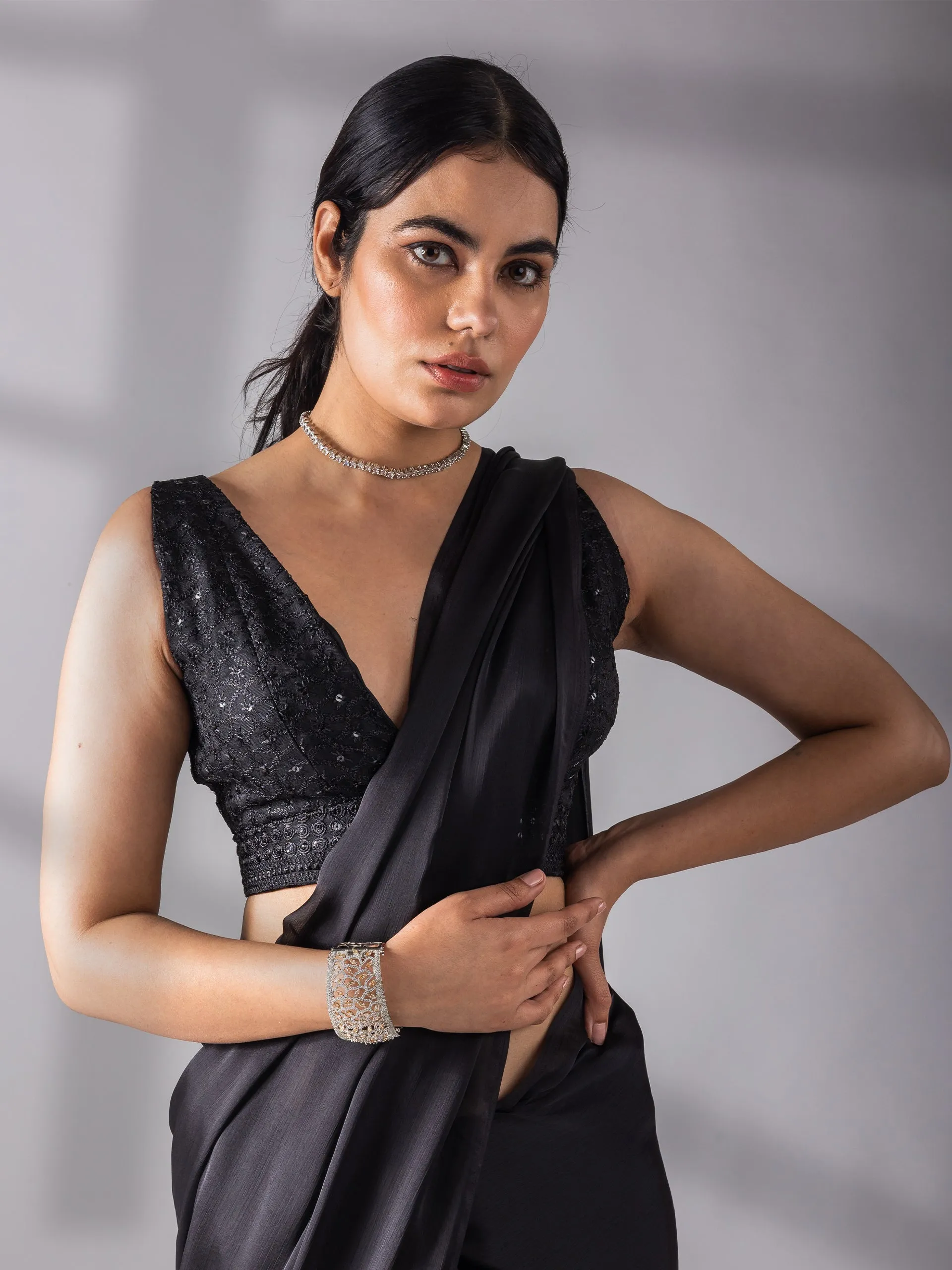 Black Chiffon Saree with Embroidered Blouse Fabric
