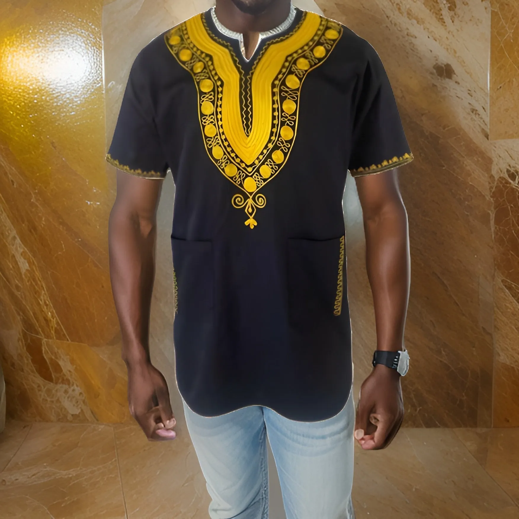 Black Gold Embroidered Dashiki Shirt