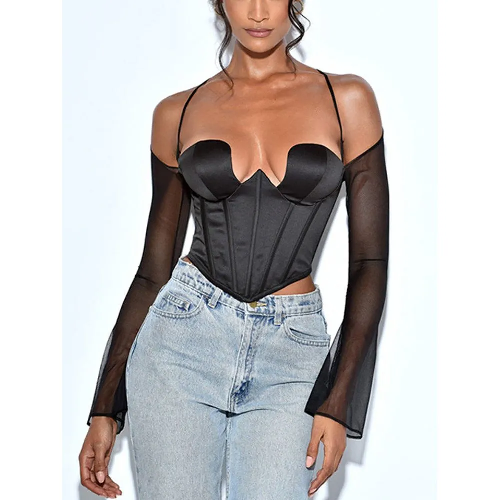 Black Mesh Backless Halter Neck Top