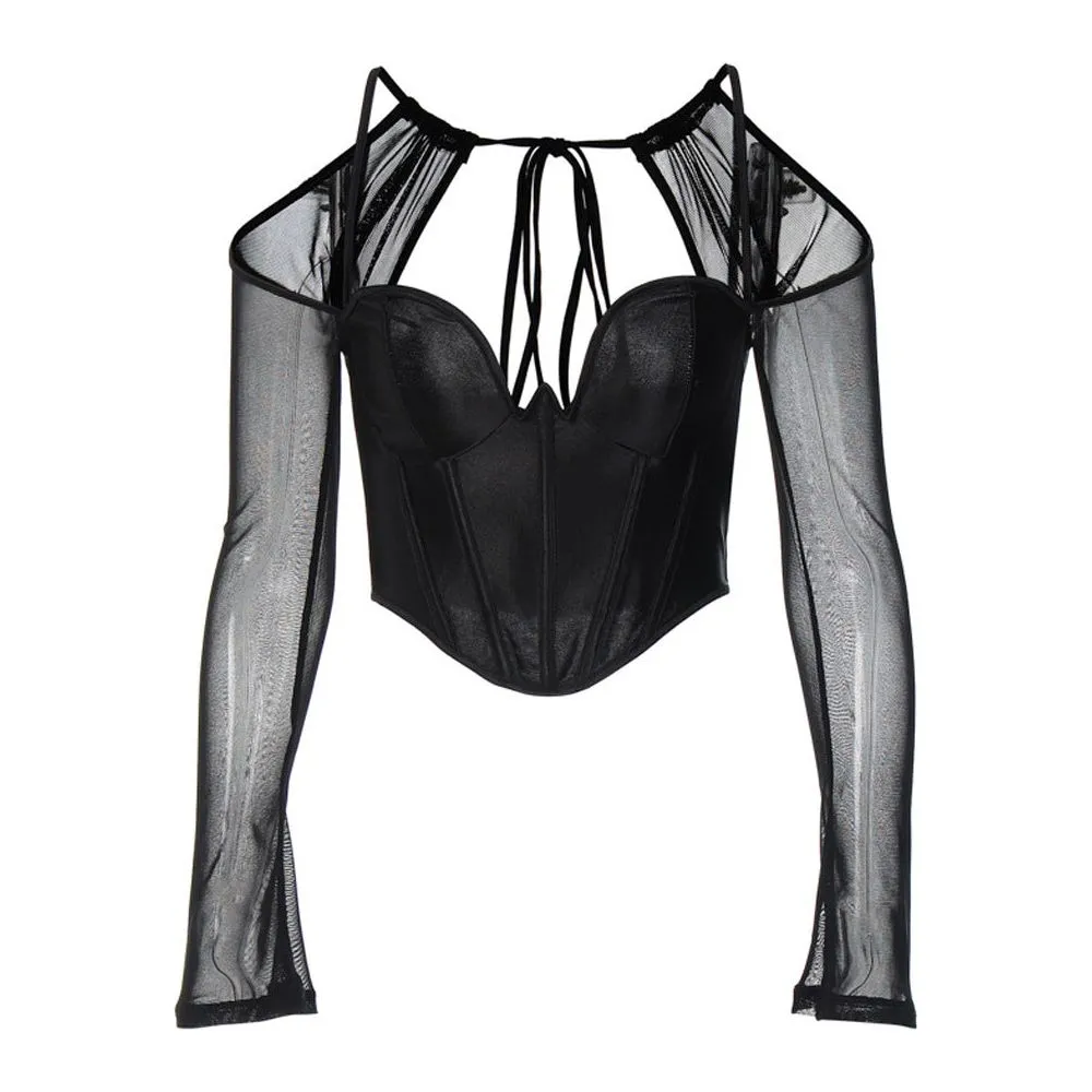 Black Mesh Backless Halter Neck Top